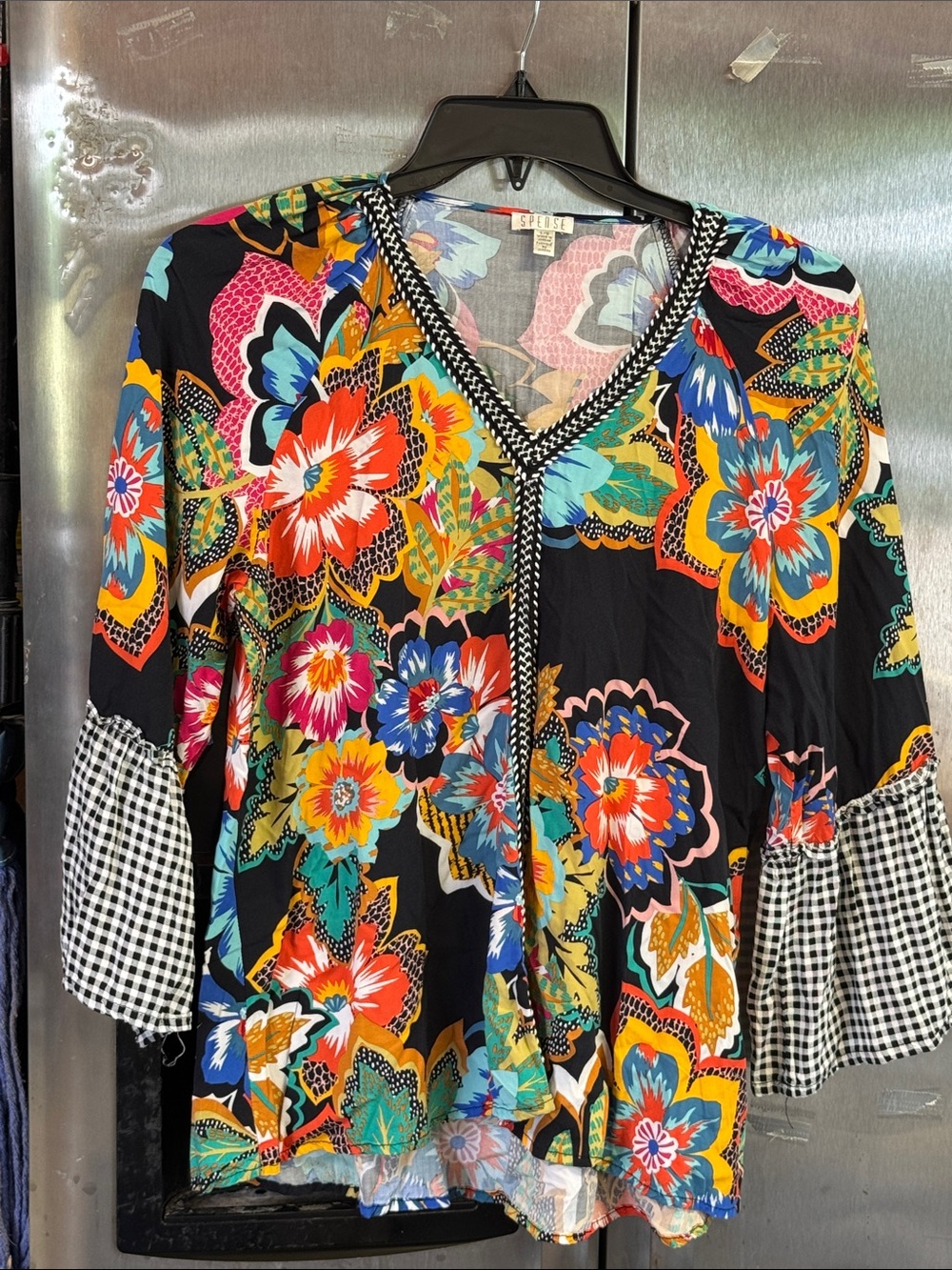 Spense Black Floral V-Neck Blouse with Gingham Cuffs